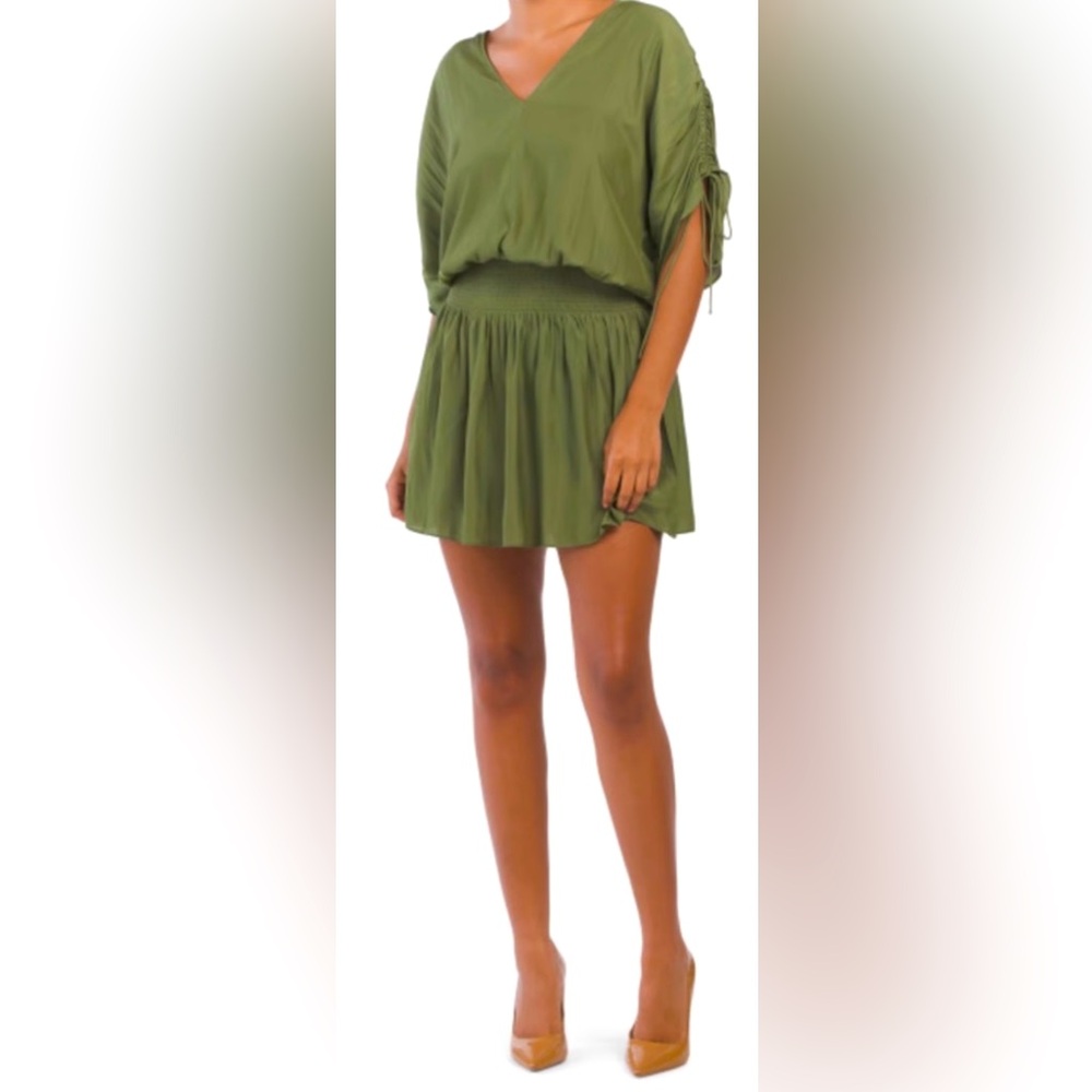 Ramy Brook Silky Dolman Drawstring Sleeve Vanessa A-line Mini Dress Green ZB6